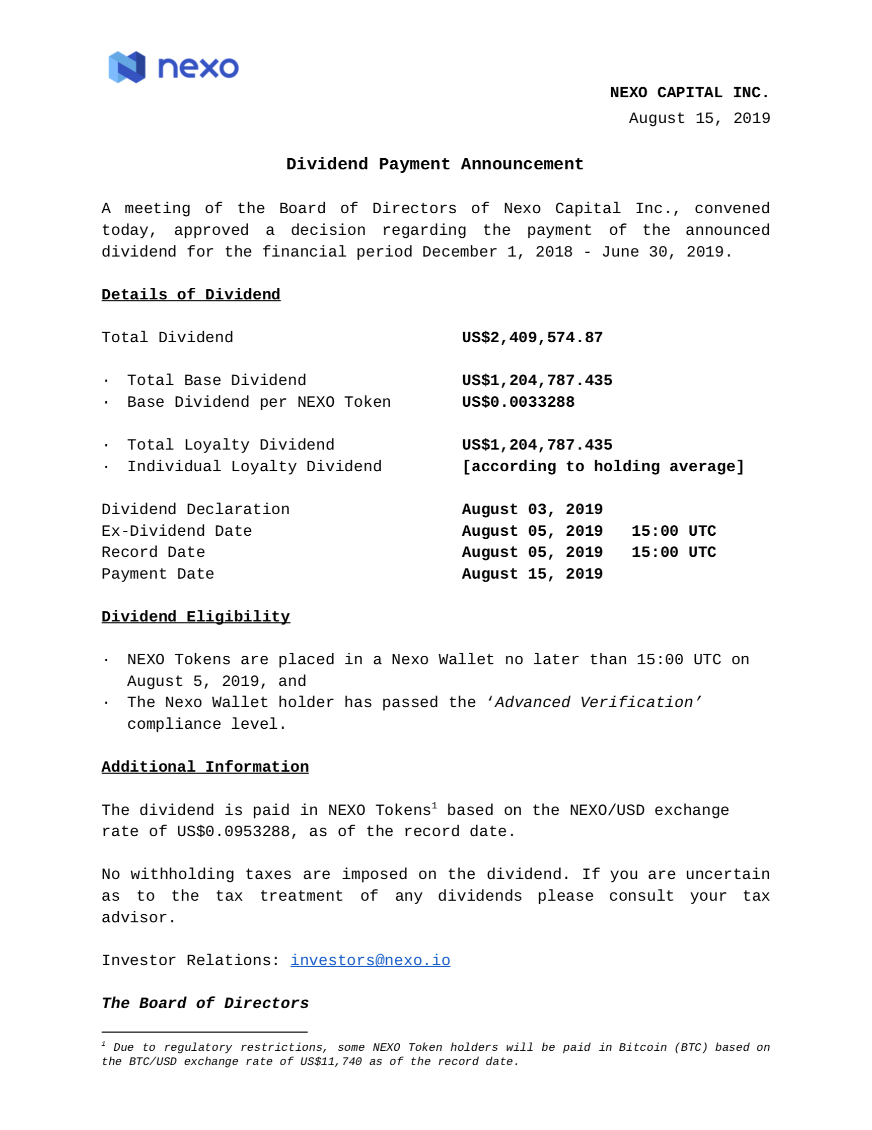 NEXO Token Holders Receive US$2,409,574.87 in Dividends