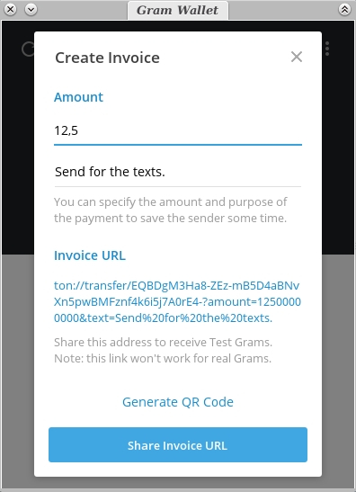 Create invoice telegram ton gram wallet with url