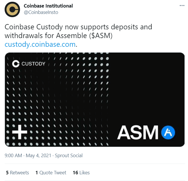 ASSEMBLE Protocol (ASM) is Now Supported on Coinbase Custody