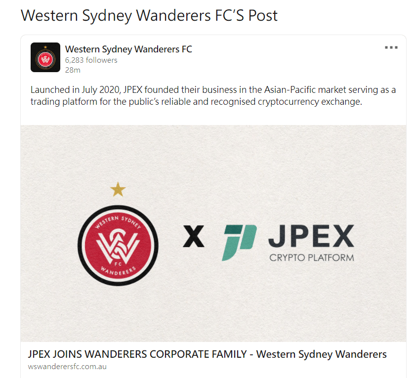 JPEX Established a Strategic Partnership with Western Sydney Wanderers FC to Promote the Crypto Ecosystem Globally