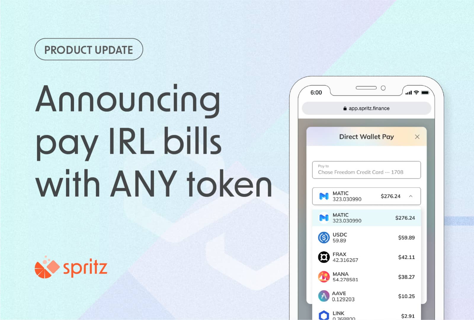 Spritz Finance Activates Crypto Bill Pay with Any Token on Polygon