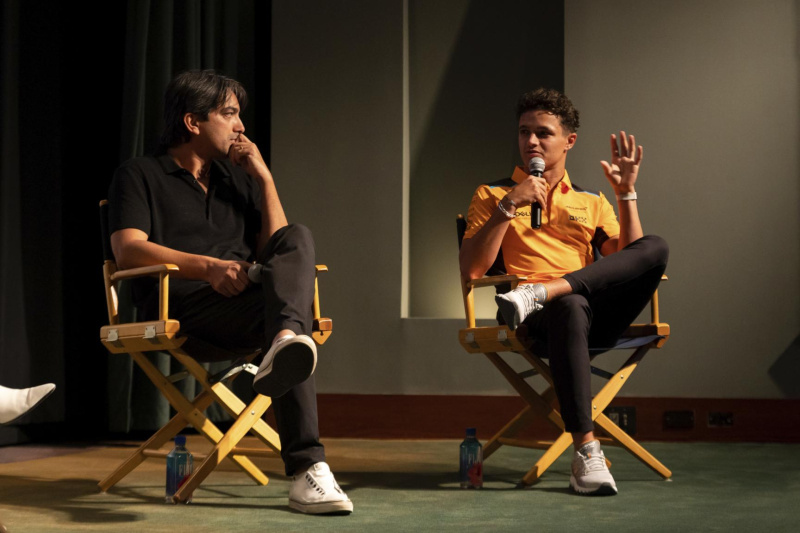 OKX CMO Haider Rafique (left) and McLaren F1 Driver Lando Norris (right)