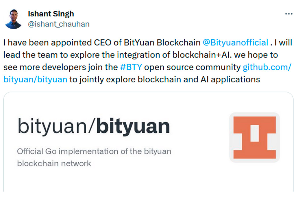 Blockchain + AI , Former OpenAI Member Ishant Singh was Appointed as BitYuan Blockchain CEO