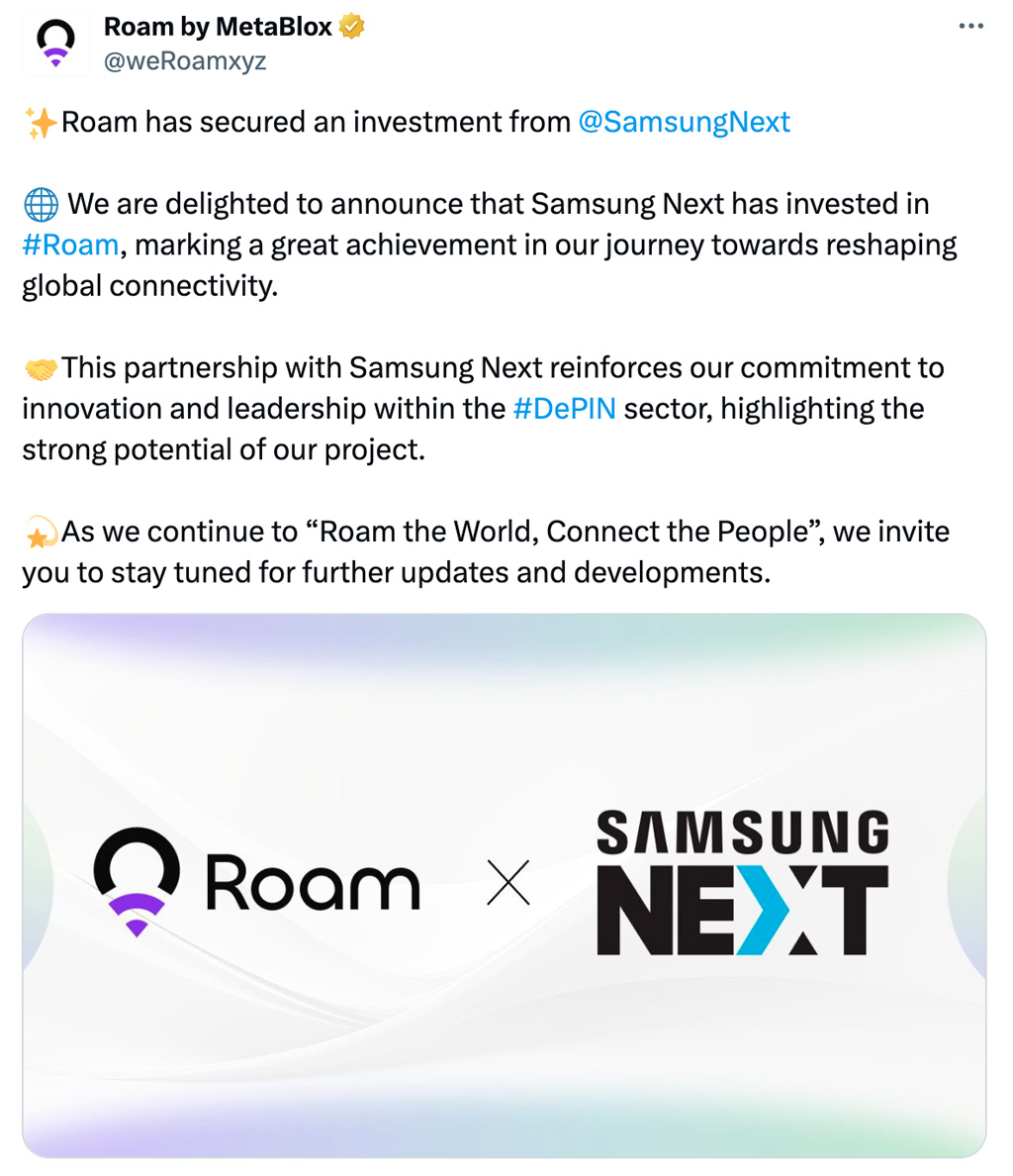 Roam to Establish Decentralized Global WiFi Roaming Network with Investment from Samsung Next