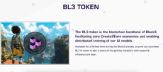 Block3 BL3 token overview showing AI-powered gaming platform with Create2Earn economics for Web3 game development