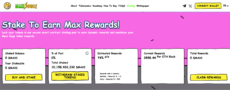 Maxi Doge staking dashboard showing 74% APY, 10.1 billion tokens staked, and 2,858.44 MAXI rewards per ETH block