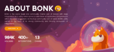 An informational graphic for BONK featuring a cartoon dog in a glass dome and statistics showing 984K holders and 13 supported chains