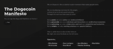 "The Dogecoin Manifesto" displays its mission to "do only good every day" and a list of key project contributors