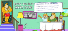 An illustration featuring Doge characters provides steps for buying Maxi Doge during a presale using crypto or a bank card