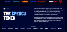 A graphic for PENGU token featuring retail brand logos like Walmart and Target alongside crypto exchange icons and community achievement stats
