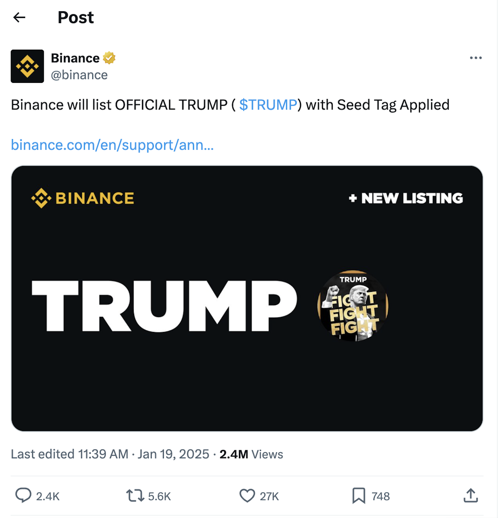New Binance Listing - Official Trump (TRUMP)"