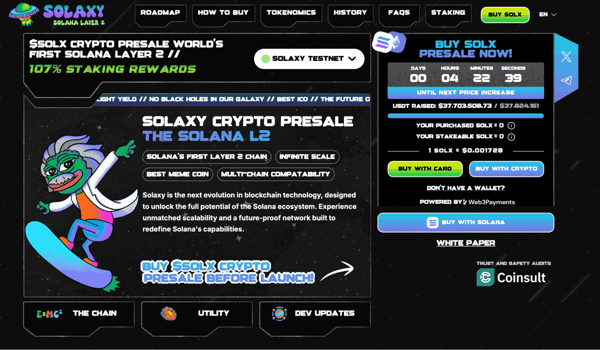 Solaxy (SOLX) token presale screenshot from the official website