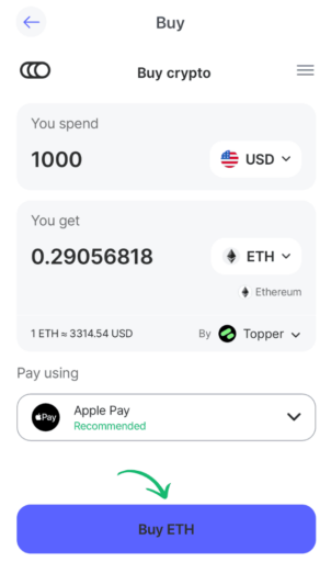 a picture of exchanging $1000 USD for ETH in Best Wallet