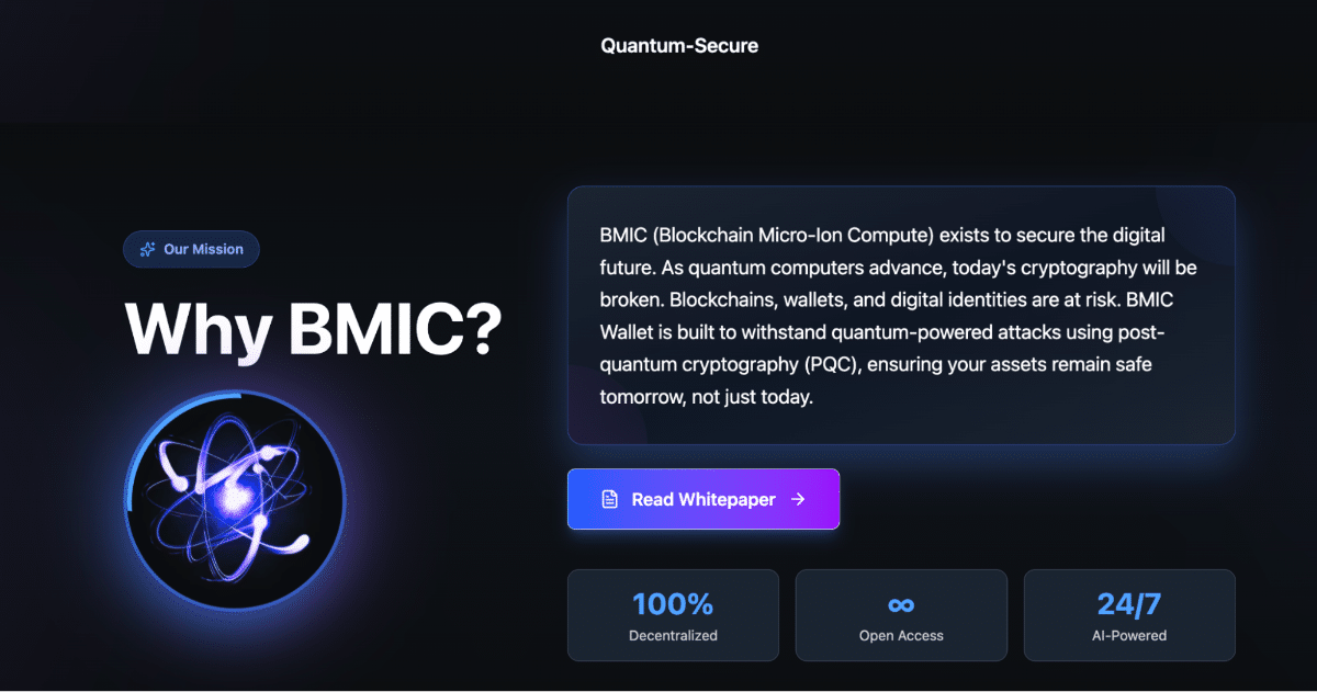 The BMIC Web3 wallet site, with a link to the whitepaper and a description of the project’s goals