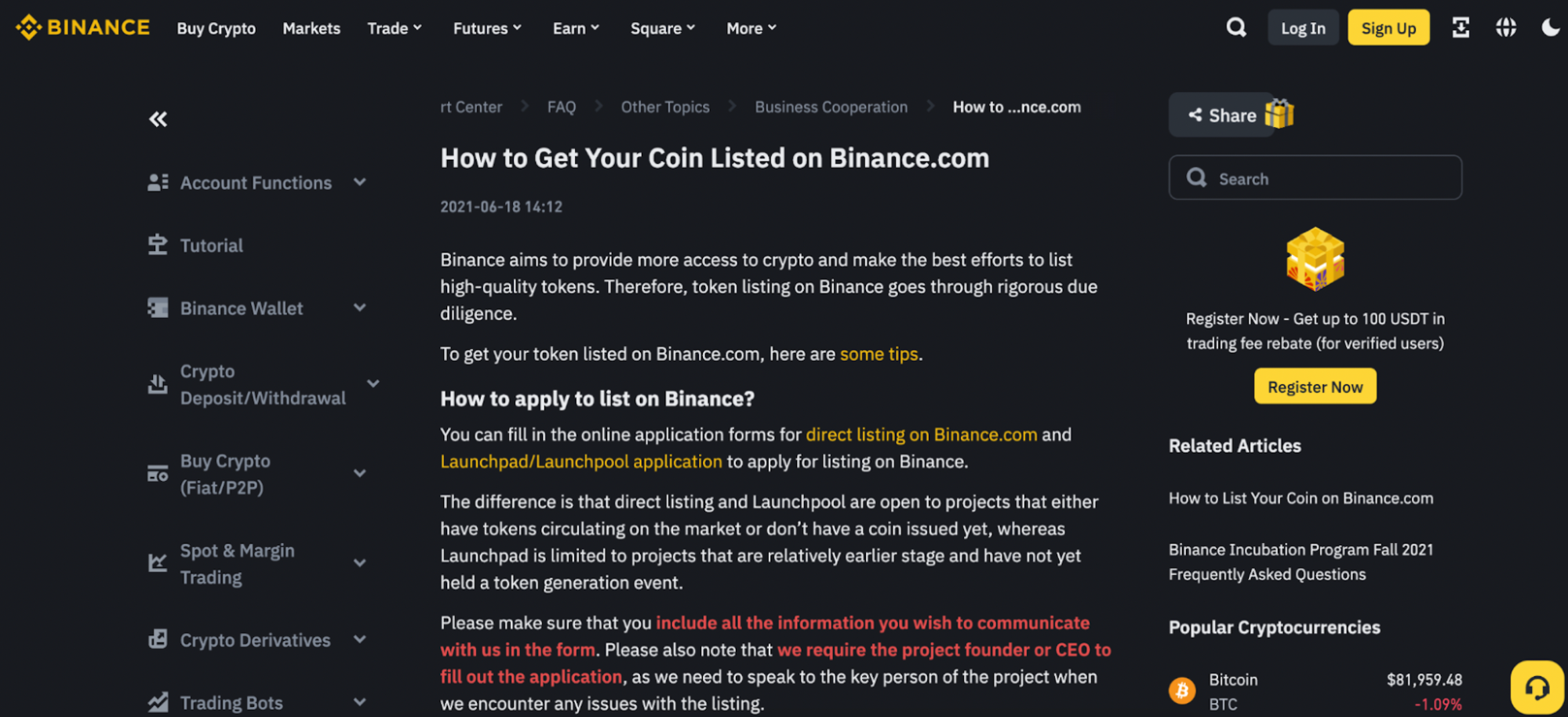 How to get your coin listed on Binance - screenshot from Binance website