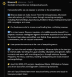 Binance X post explaining their listing criteria