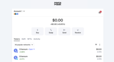 The MetaMask web main page interface with Tokens, DeFi and NFTs