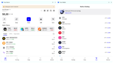 The Trust Wallet app interface provides trading, swaps, and earn features