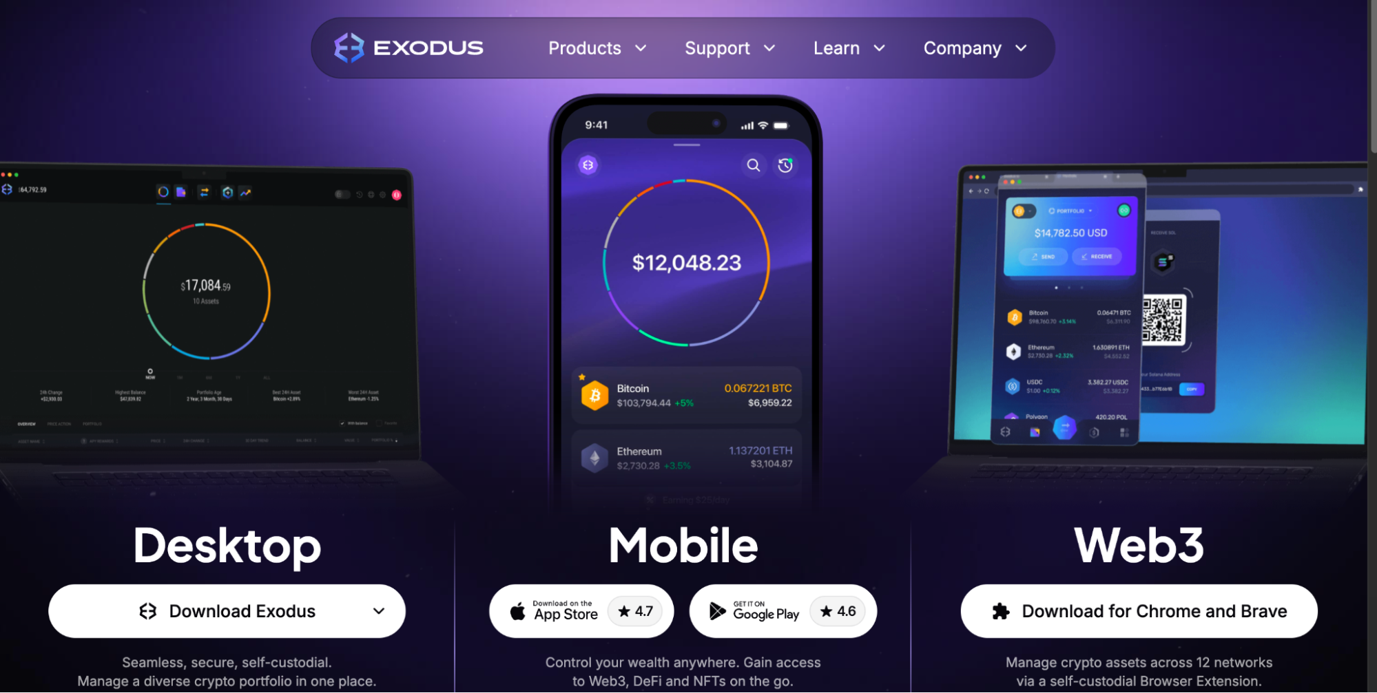 Exodus wallet demonstrating its product across desktop, mobile, and browser extensions