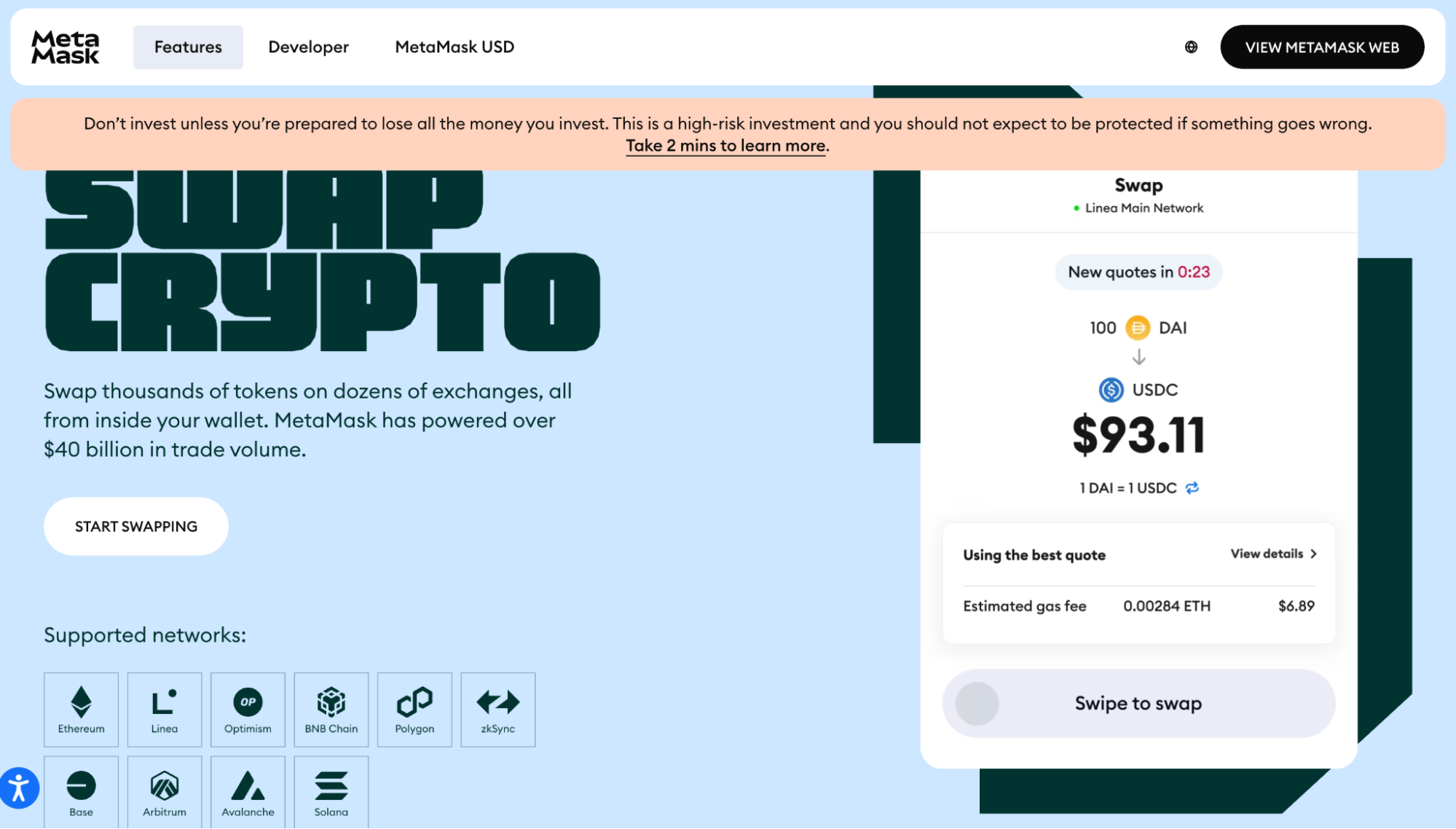 Metamask website showing the swap page on the mobile version of the app.