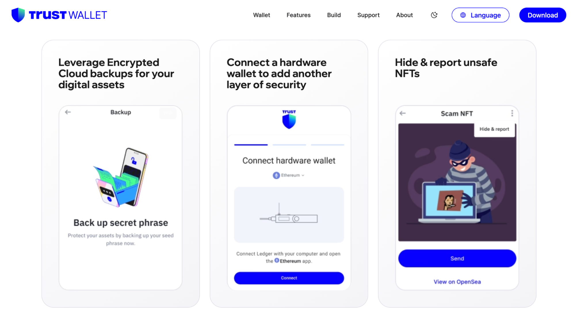 Trust wallet website showing safety features of the wallet
