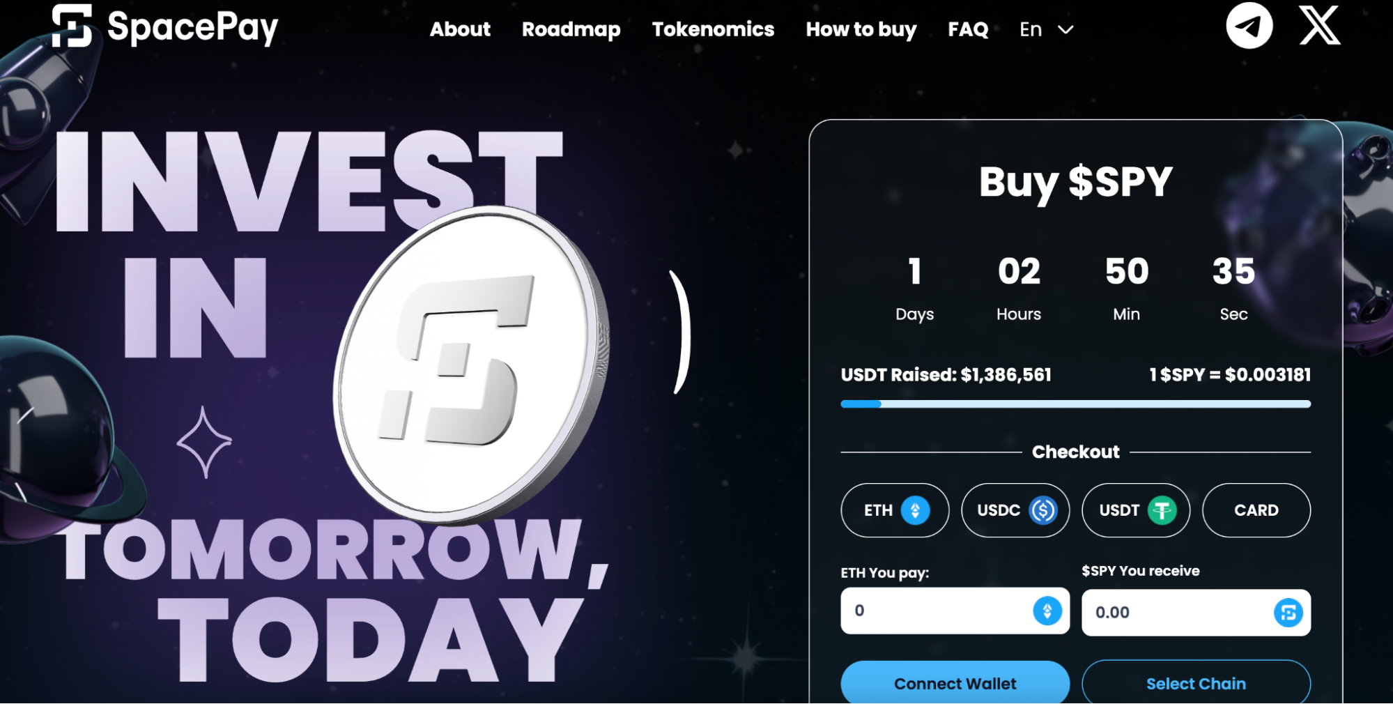 SpacePay official presale page with USDT raised and coin price