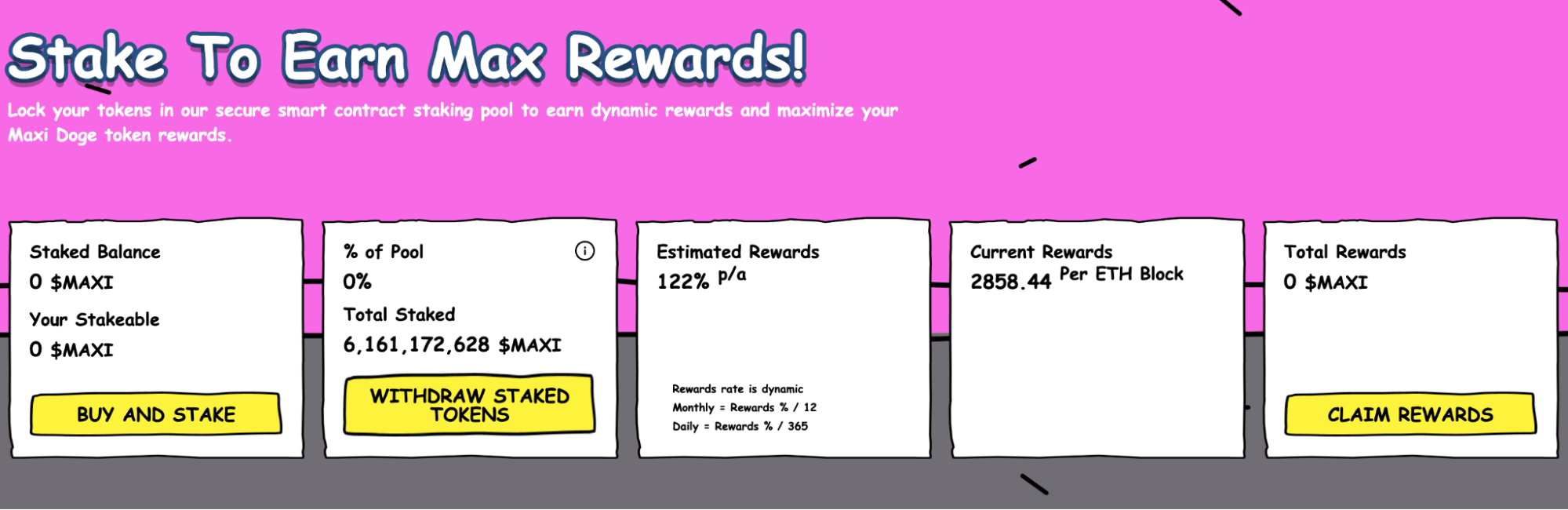 Maxi Doge token staking interface displaying staked balance and information about rewards