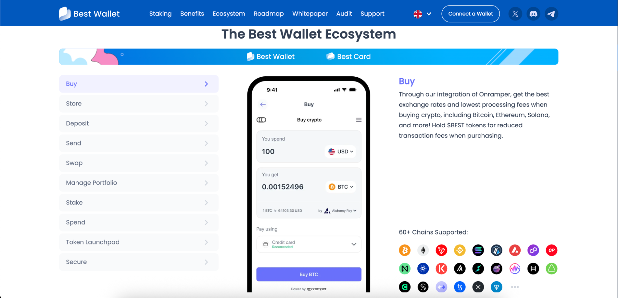 Best Wallet app ecosystem page displaying a mobile phone mockup