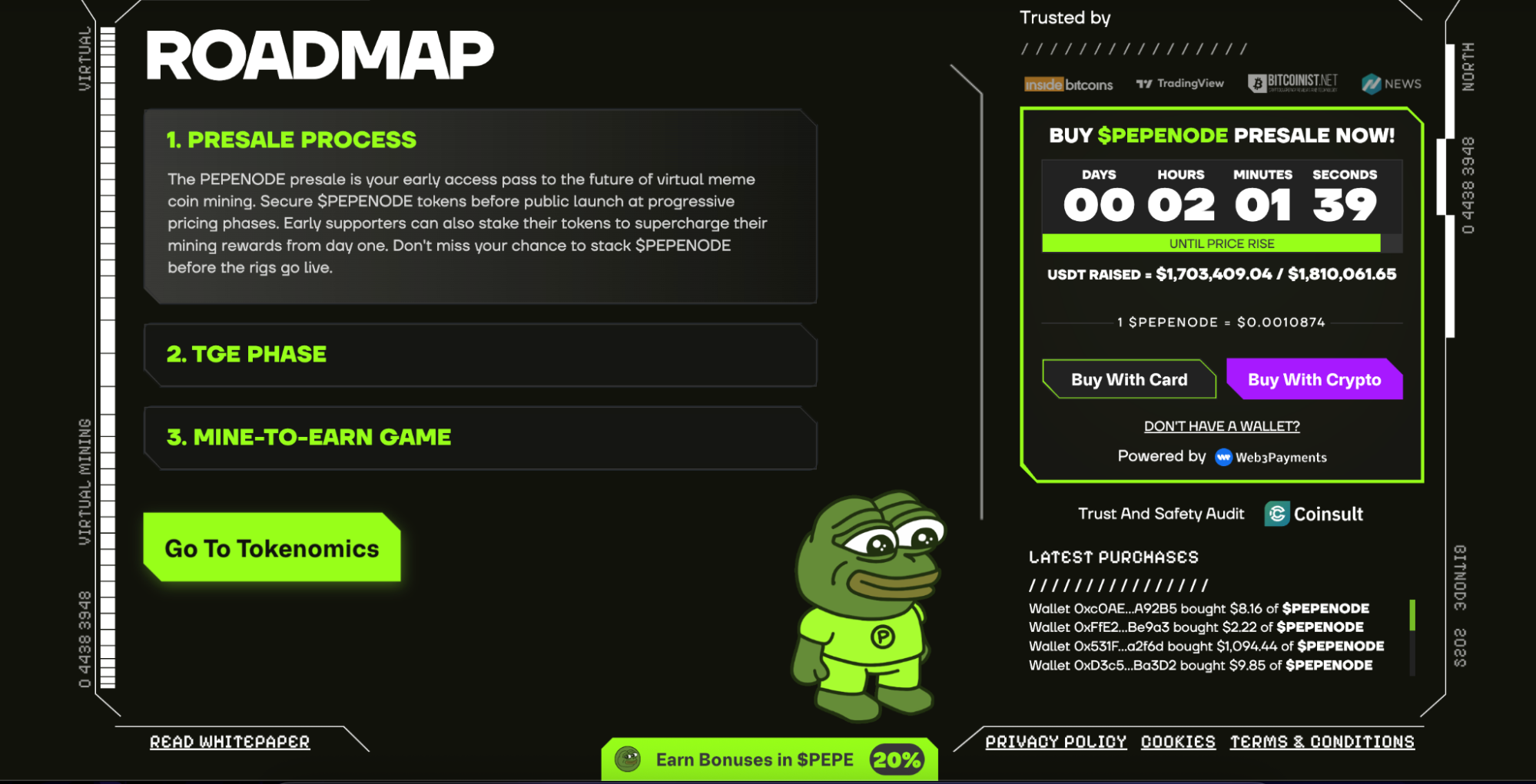 PEPENODE presale roadmap displaying three phases with a countdown timer