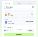 Changelly exchange interface showing a BTC to ETH swap with a floating rate, displaying 0.1 BTC sending and approximately 3.31 ETH to be received.