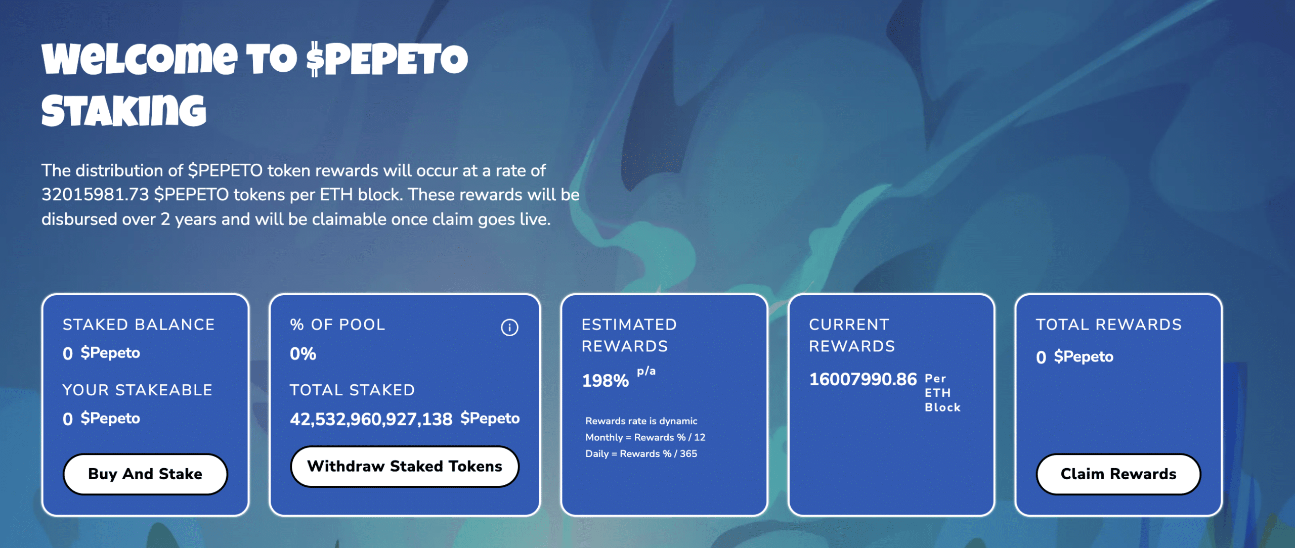 Pepeto staking dashboard displaying 198% annual percentage yield and total staked balance