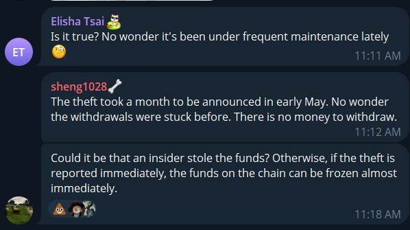 Einige vermuten einen Insider hinter fehlenden Geldern. Quelle: Bitopro offizieller Gruppenchat