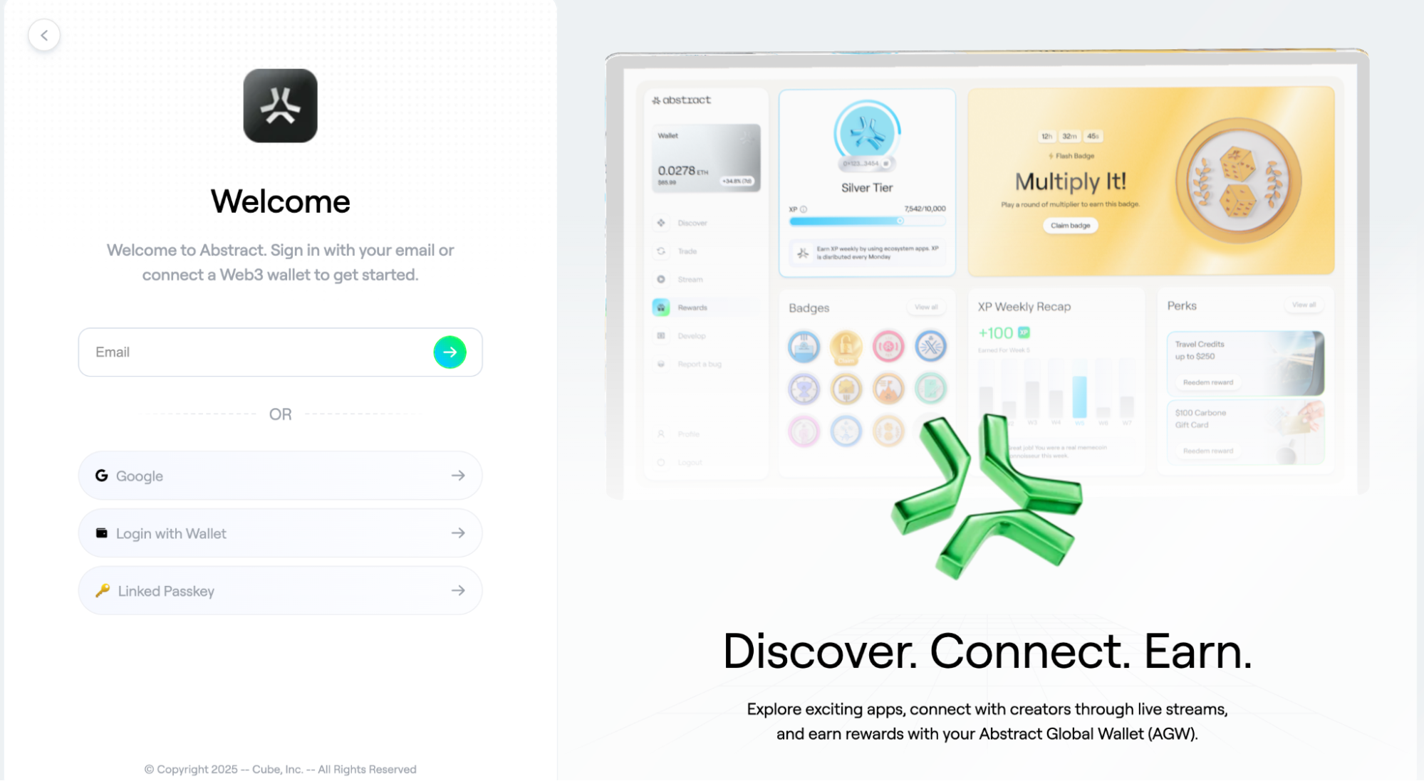 Screenshot of Abstract Login page with the options of using an email, good address, web3 wallet or passkey to sign in and earn XP and rewards