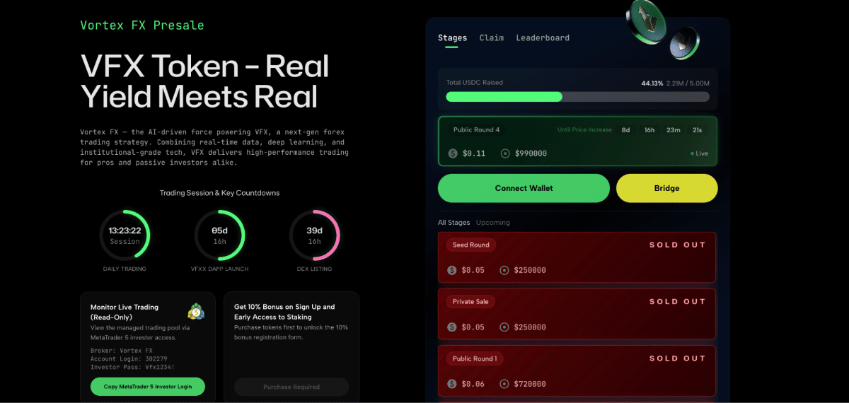 Vortex FX presale dashboard showing the days remaining until the core features are completed