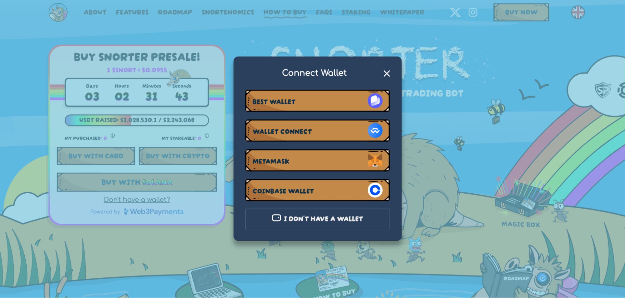 Snorter homepage with buying options