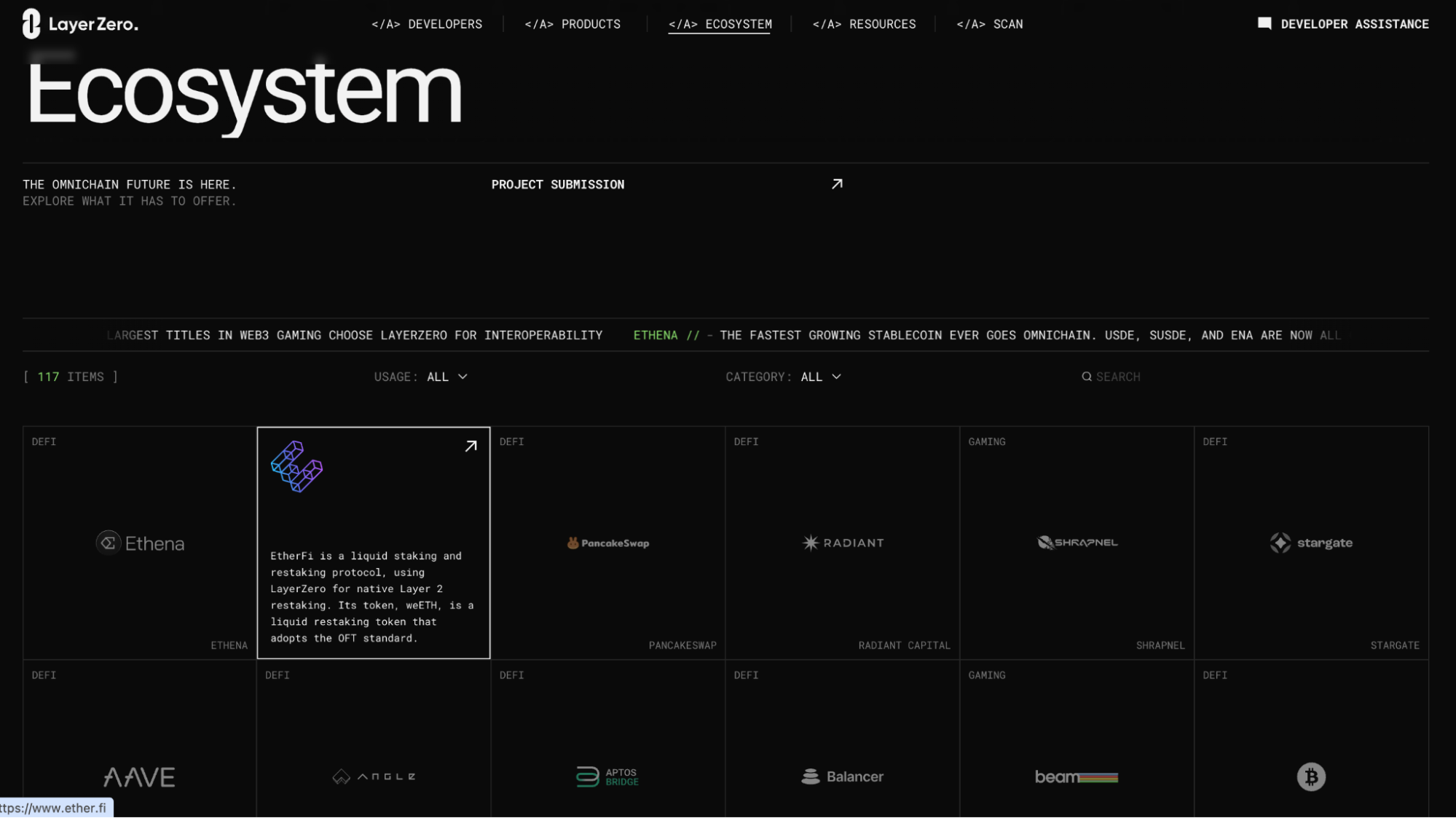 Layer Zero ecosystem dashboard showing Dapps including Ethena, Etherfi, PancakeSwap, and Aave