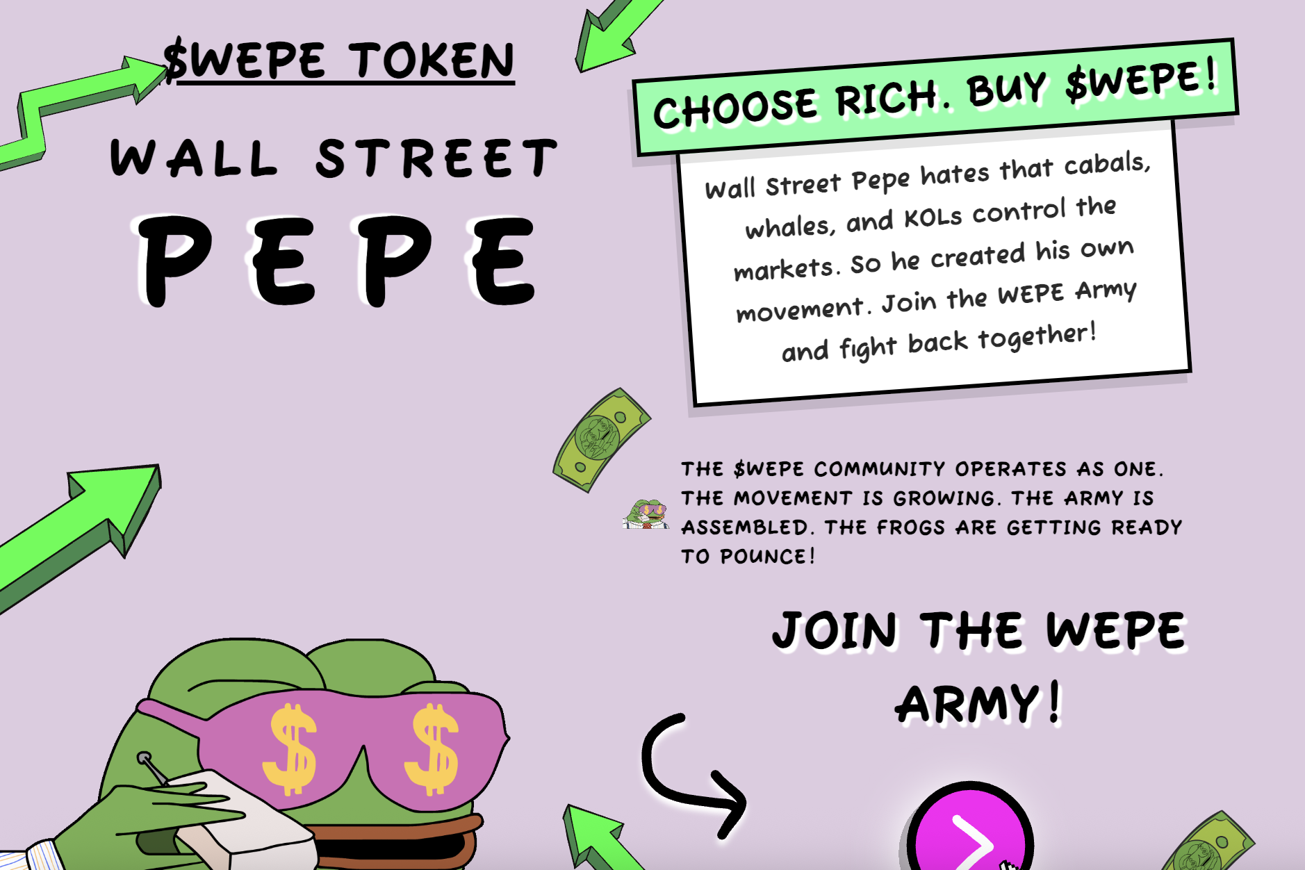 Wall street pepe homepage discussing the WEPE army