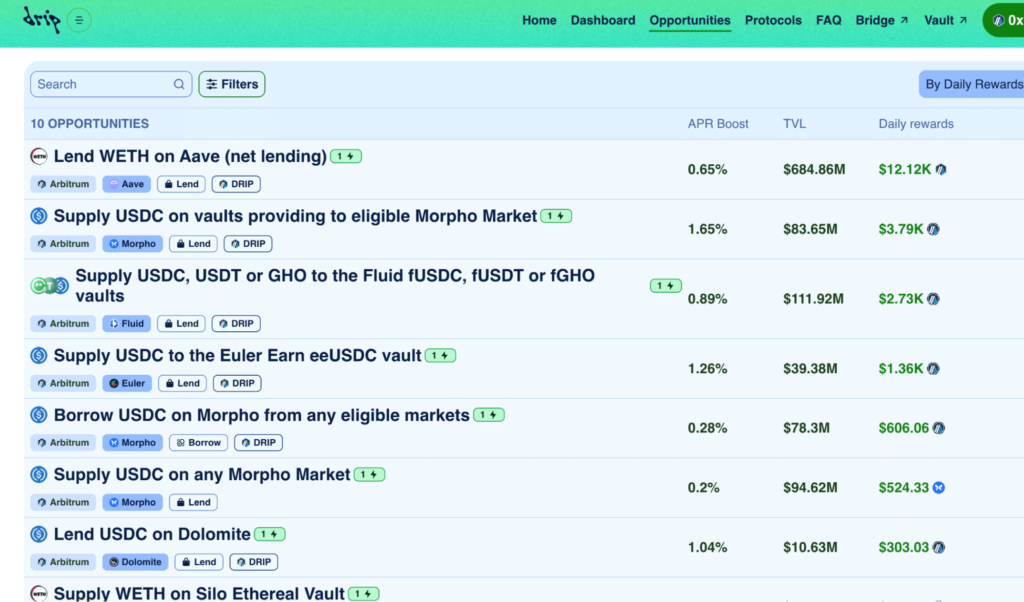 Arbitrum DRIP farming opportunities (Snapshot from December 15). Source: ArbitrumDrip 