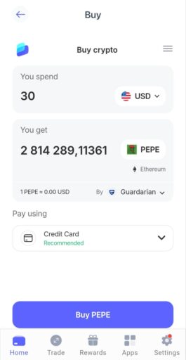 Best Wallet app interface showing fiat-to-crypto purchase options