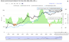 Chart showing correlation between Bitcoin price and global money supply over time