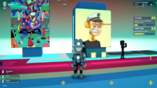 The Sandbox avatar in a voxel gallery with NFT artworks and quest objectives visible on the HUD