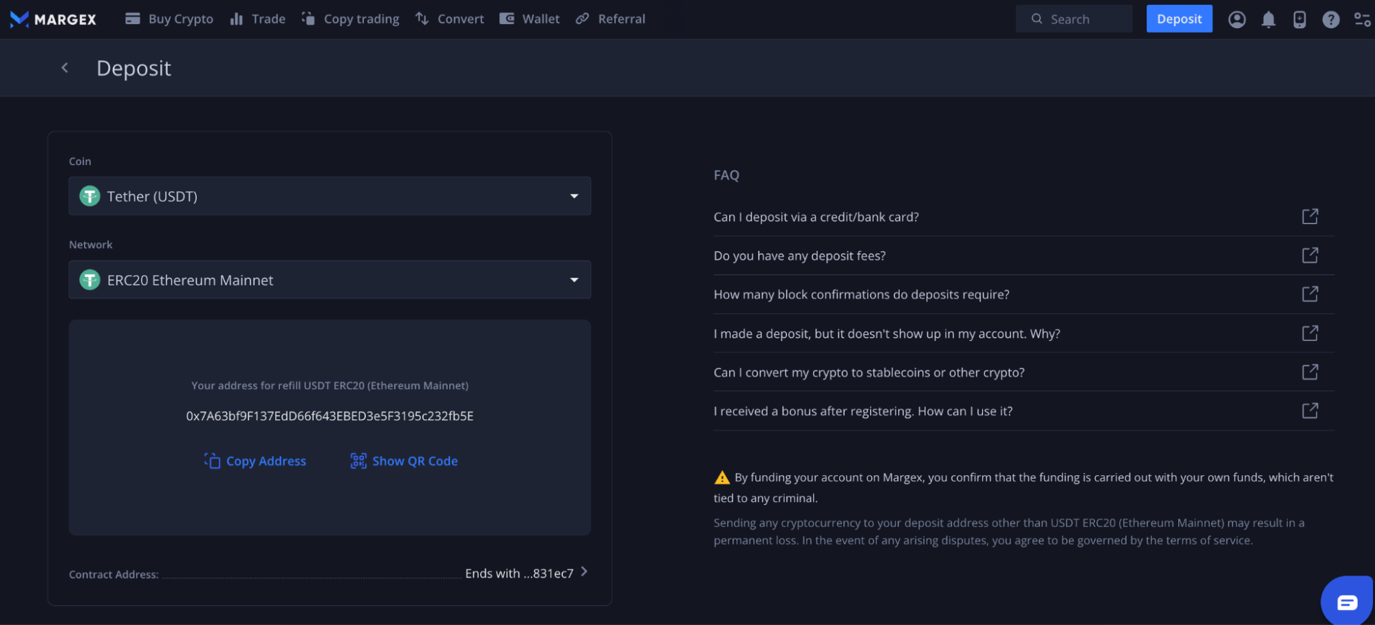 Deposit funds into your Margex account