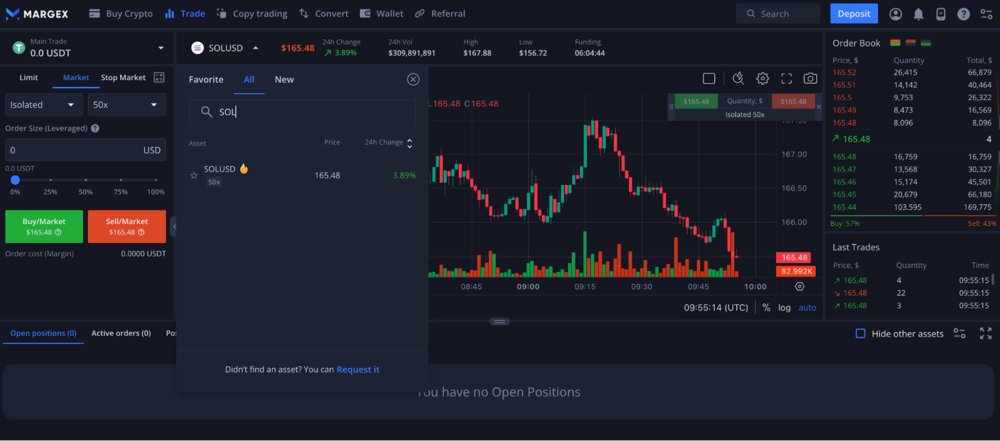 Viewing Solana futures on Margex 