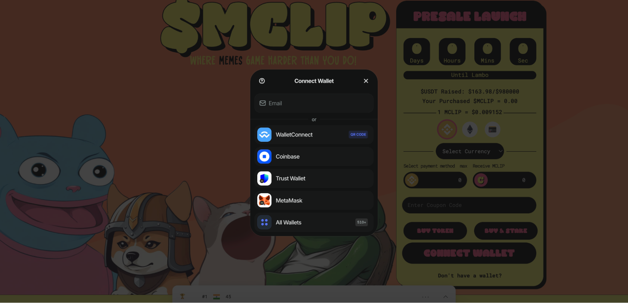 Connecting wallet to the MEMEClip presale