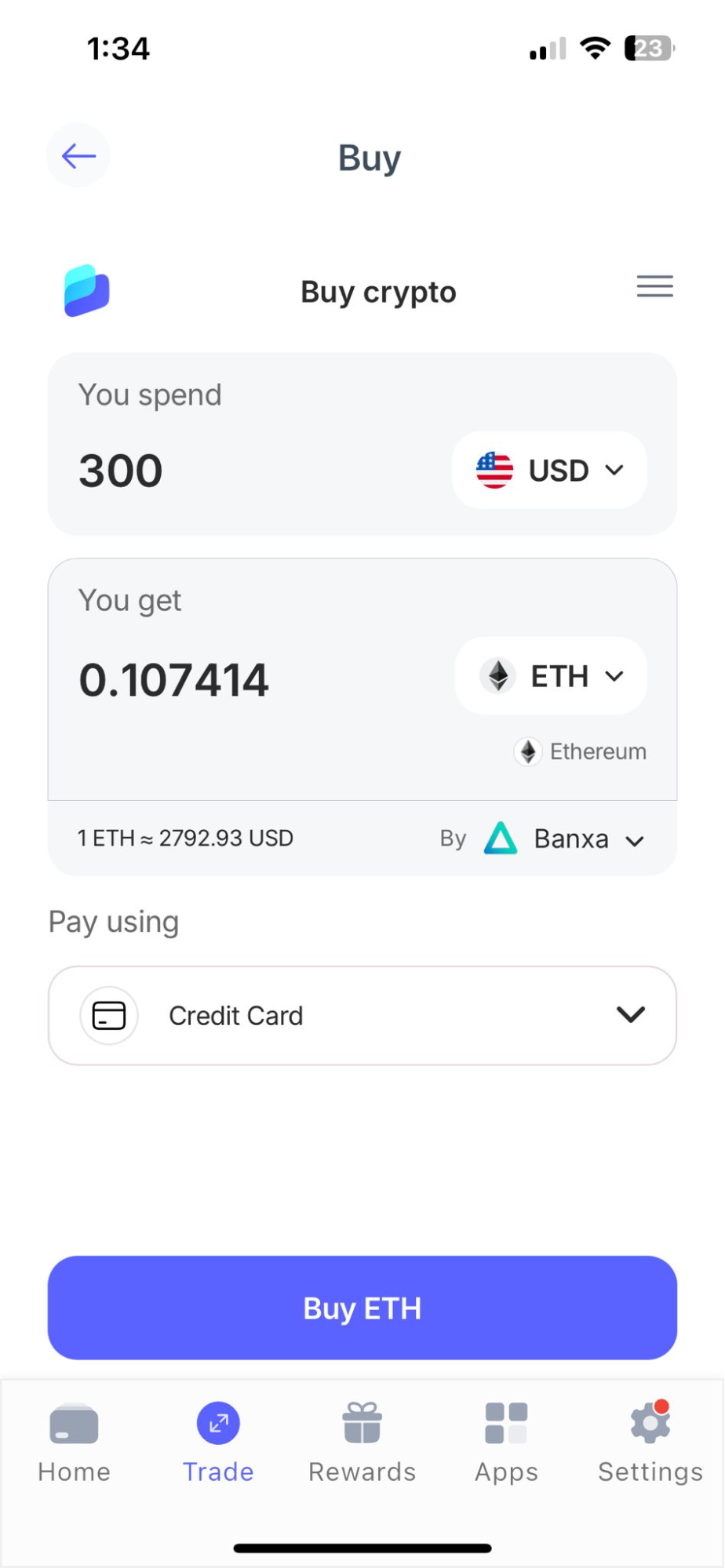 A Best Wallet user buying $300 worth of ETH instantly with a credit card. Source: Best Wallet