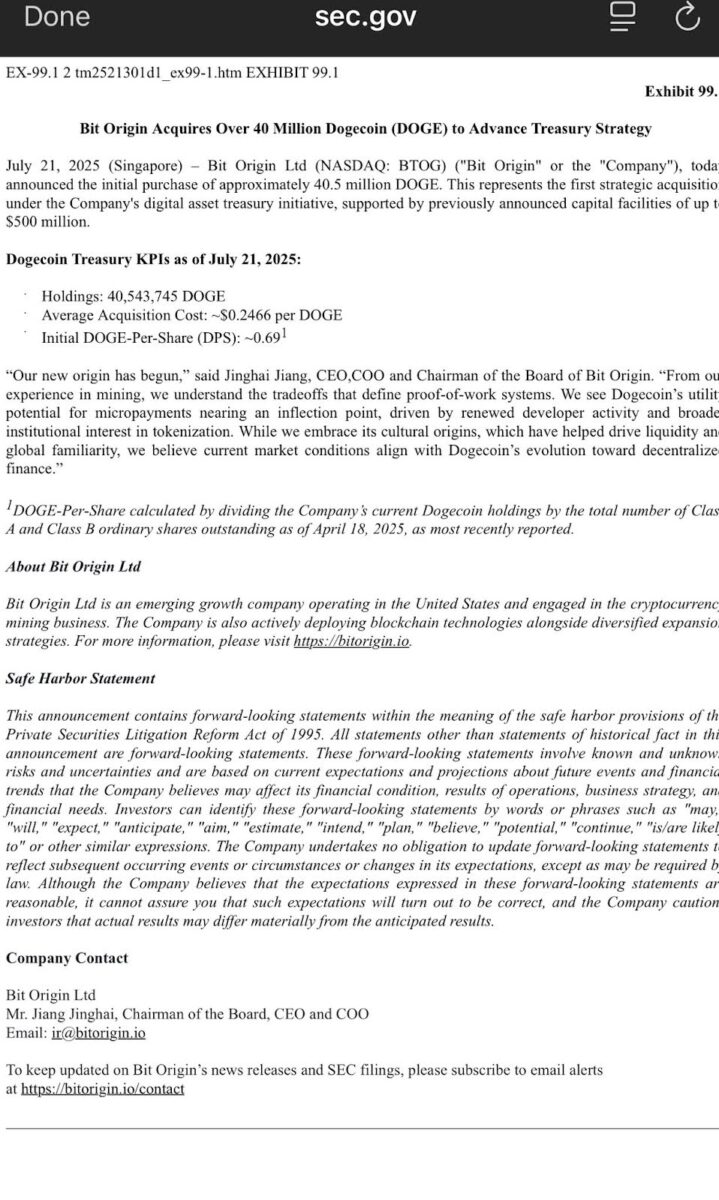 Bit Origin Announces 40 million DOGE Purchase | Source: SEC.gov