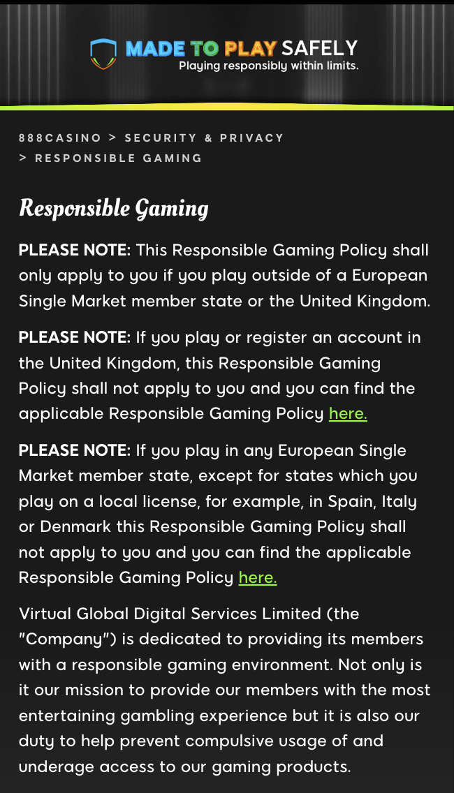 888 casino responsible