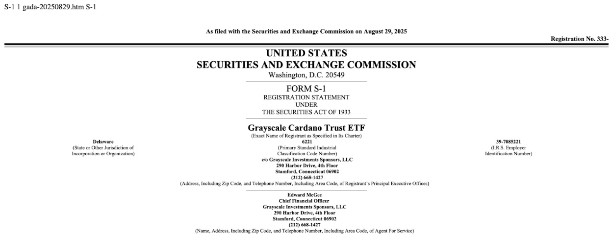 Grayscale’s S-1 Cardano ETF Filing, August 29, 2025 | Source: SEC.gov
