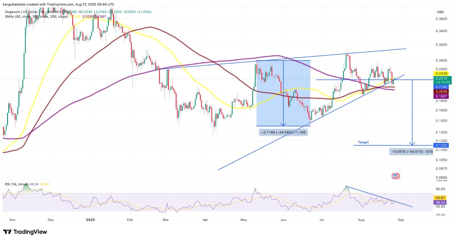 The Dogecoin price tests support at the rising wedge trendline. | Source: TradingView