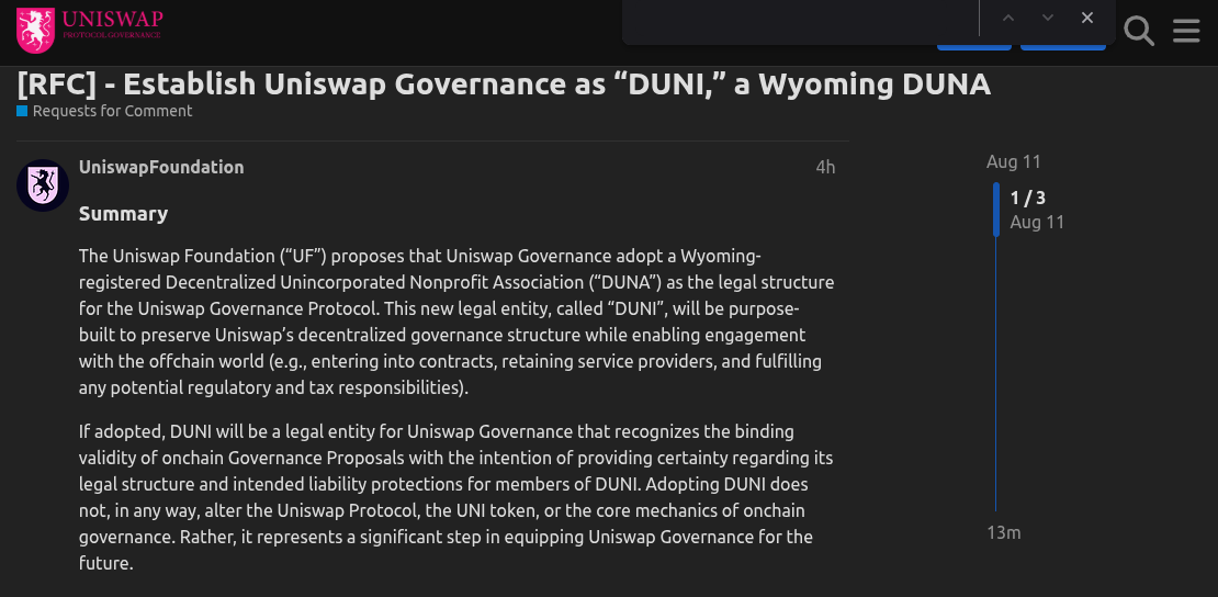 [RFC] - Establish Uniswap Governance as "DUNI," a Wyoming DUNA | Source: Uniswap Governance Forum